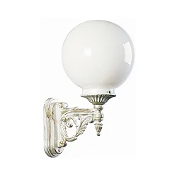 Außenwandleuchte Typ Nr. 0609 mit Kugelschirm Ø 25cm, IP44, E27 QA55 max. 57W, Alu-Guss / Opalglas, Weiß-Gold / Opalglas