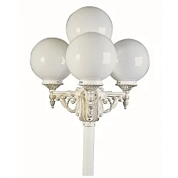 Outdoor Mastleuchte 4-flammig Typ Nr. 2051 mit Kugel Ø 25cm, IP44, Höhe 233cm, 3x E27, Alu-Guss / Opalglas, Weiß-Gold