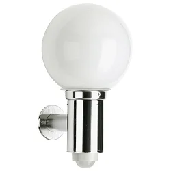 Außenwandleuchte mit Bewegungsmelder + Kugelschirm Ø 20cm (Typ Nr. 0224), IP44, E27 QA55 max. 57W, Edelstahl / Opalglas