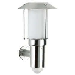 Außenwandleuchte Typ Nr. 0238, mit Bewegungsmelder + Pagoden-Dach, IP44, E27 QA55 max. 57W, Edelstahl / Opalglas