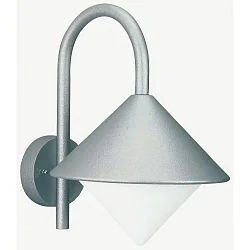 Außenwandleuchte Typ Nr. 0645 mit Bogenarm, IP44, E27 QA55 max. 57W, Alu-Guss / Opalglas, Silber matt