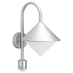 Außenwandleuchte Typ Nr. 0645 mit Bewegungsmelder (Typ Nr. 0646), IP44, E27 QA55 max. 57W, Alu-Guss / Opalglas, Silber matt
