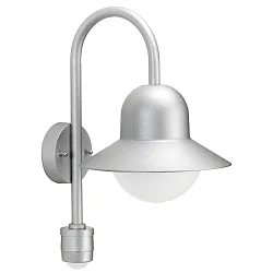 Außenwandleuchte  Typ Nr. 0662 mit Bewegungsmelder (Typ Nr. 0661), IP44, E27 QA55 max. 57W, Alu-Guss / Opalglas, Silber matt