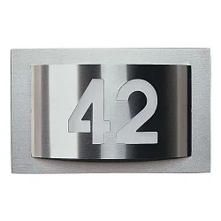 Hausnummernleuchte Typ Nr. 6002, IP44, 32 x 20 x 10cm, für 1x 2G7, TC-SEL 5/7W, Edelstahl / Opalglas, individuell gelasert