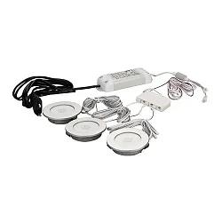 LED Möbeleinbau-Downlight-Set, 3-fach mit Trafo+Verteiler, IP20, Ø 7cm, Plug&Play 12V DC, je 2W 3000K 125lm, Alu matt