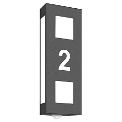 Hausnummern-Leuchte, IP44, mit Bewegungsmelder, für bis zu 2 Ziffern (Ausschnitt), E27, Edelstahl / Opalglas, anthrazit