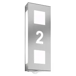 Hausnummern-Leuchte, IP44, mit Bewegungsmelder, für bis zu 2 Ziffern (Ausschnitt), E27, Edelstahl / Opalglas, gebürstet