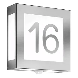 Hausnummern-Leuchte AQUA LEGENDO, IP44, mit MW-Sensor, 2-stellig (aufgeklebt), 2x E27, Edelstahl / Opalglas, gebürstet