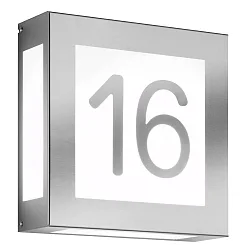 House number luminaire AQUA LEGENDO, 2 digits (affixed), 2x E27, stainless steel / opal glass, brushed