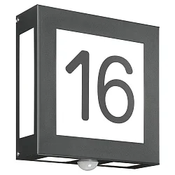 Hausnummern-Leuchte AQUA LEGENDO, IP44, mit MW-Sensor, 2-stellig (aufgeklebt), 2x E27, Edelstahl / Opalglas, anthrazit