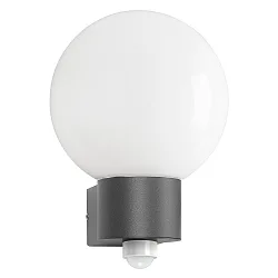 Outdoor wall luminaire AQUA BALL with motion detector, IP44, E27, stainless steel / opal glass