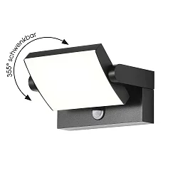 Outdoor LED Wandleuchte, IP54, mit Sensor, 20W 3000-6000K (CCT Switch), Kopf 355° neigbar, Aluminium / PC-Diffusor, anthrazit