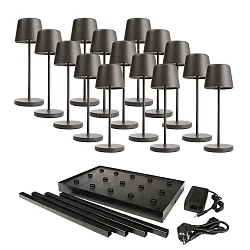 LED-Akku-Tischleuchte CANIS MINI GASTRO, 15 Leuchten, IP65 IK04, 3.7V, 2.3W 2200/3000K, mit Ladestation & Netzteil, dunkelgrau