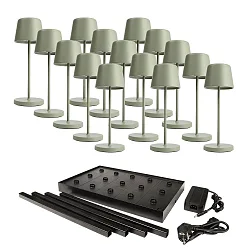 LED-Akku-Tischleuchte CANIS MINI GASTRO, 15 Leuchten, IP65 IK04, 3.7V, 2.3W 2200/3000K, mit Ladestation & Netzteil, graugrün