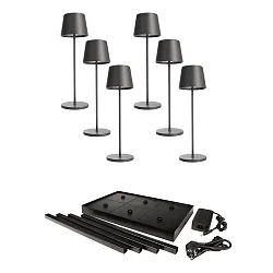 LED-Akku-Tischleuchte CANIS GASTRO M-Set, 6 Leuchten, IP65 IK04, 3.7V, 3.5W 2200/3000K, mit Ladestation & Netzteil, dunkelgrau
