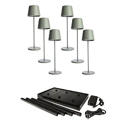 LED-Akku-Tischleuchte CANIS GASTRO M-Set, 6 Leuchten, IP65 IK04, 3.7V, 3.5W 2200/3000K, mit Ladestation & Netzteil, graugrün