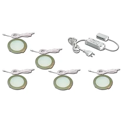 5er Set LED Flächenleuchte FR 68-LED, Einbau / Aufbau, rund, inkl. Trafo LED-24 / 15W, 4W 3000K 270lm 110°, Edelstahloptik