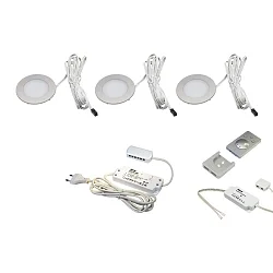 3er Set DYNAMIC LED Einbaustrahler FR 55-LED 3W, rund, Edelstahloptik, 24V DC, Funk-FB-Anbau, Trafo LED-24 / 15W