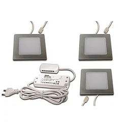 3er Set LED Möbel-Einbauleuchte FAQ 58, IP44/IP20, eckig, LED 24-Stecker + Trafo, CRi >93, Edelstahl, 3W 3000K 225lm 115°