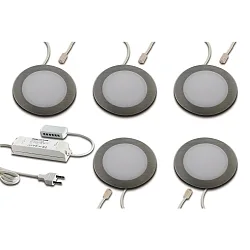 5er Set LED Möbel-Einbauleuchte FAR 58, IP44/IP20, rund, LED 24-Stecker + Trafo, CRi >93, Edelstahl, 3W 3000K 225lm 115°
