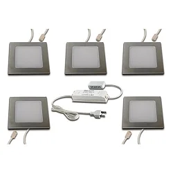 5er Set LED Möbel-Einbauleuchte FAQ 58, IP44/IP20, eckig, LED 24-Stecker + Trafo, CRi >93, Edelstahl, 3W 3000K 225lm 115°