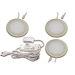 3er Set LED Möbel-Einbauleuchte FAR 68, IP20, rund, LED-24-Stecker, CRi >90, Edelstahl-Optik