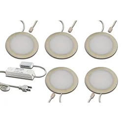5er Set LED Möbel-Einbauleuchte FAR 68, IP20, rund, LED-24-Stecker, CRi >90, Edelstahl-Optik