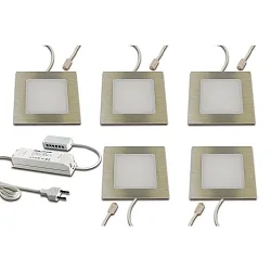 5er Set LED Möbel-Einbauleuchte FAQ 68, IP20, eckig, LED-24-Stecker, CRi >90, Edelstahl-Optik, 4W 3000K 312lm 115°