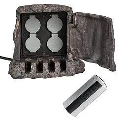 Outdoor Energieverteiler BAUMSTUMPF, IP44, 4-fach, 220-250V / 16A, max. 3680W, Deckel + 500cm Zuleitung, mit Fernbedienung