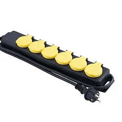 Steckdosenleiste, IP44, mit 150cm Anschlusskabel + Federklappdeckeln, schwarz / gelb, 6-fach