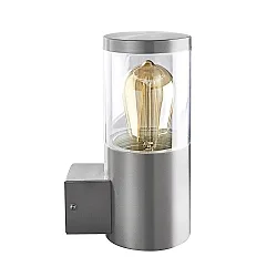 Außenwandleuchte NAXOS, IP44, zylindrisch, E27 max. 6W, V2A Edelstahl /  PC klar, für Lasergravur geeignet