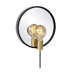 Wand-Spiegelleuchte REFLEX, Ø 31cm, E27, Holzrahmen + Steckerkabel mit Schnurschalter, schwarz / Fassung gold matt