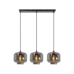 pendant luminaire MEDINE 3 flames, square E27 IP20, smoky colour, black