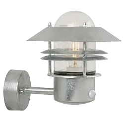Außenwandleuchte BLOKHUS UP SENSOR, IP54, E27 max. 60W, mit Ring-Lamellen, Stahl verzinkt / Glas klar