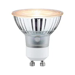 LED Reflektorlampe PAR16, 230V, GU10, 4.3W 2200K 320lm 620cd 38°, Goldlicht insektenfreundlich, schaltbar, Glas, silber / klar