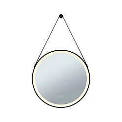 LED Leuchtspiegel MIRRA, IP44, rund, Ø 59cm, 21W 3000-6500K (WhiteSwitch), mit Touchdimmer + Heizfunktion + Lederband, schwarz