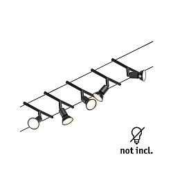 Seilsystem-Basisset SALT, 5-fach, 12V, 5x GU5.3 max. 10W, inkl. Trafo 60VA, Kunststoff / Metall, Schwarz matt / Chrom