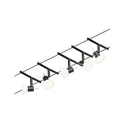 Seilsystem-Basisset SHEELA, 5-fach, 12V, 5x GU5.3 max. 10W, inkl. Trafo 60VA, Kunststoff / Metall, Schwarz matt / Chrom