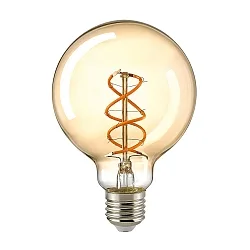 LED Deko Wendelfilament Globelampe CURVED GLOBE G95, 230V, Ø 9.5cm /  L 14cm, E27, 4W 1800K 250lm 330°, dimmbar, Gold /  Klar