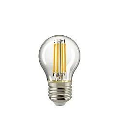 LED Filamentlampe KUGEL, 230V, Ø 4.5cm / L 7.8cm, E27, 4.5W 2700K 470lm 300°, dimmbar, klar