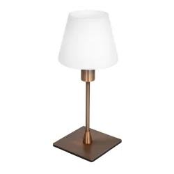Tischleuchte ANCILLA, 33cm, mit kurzem Schirm, E14, mit Touch-Dimmer, bronze gebürstet / Opalglas weiß
