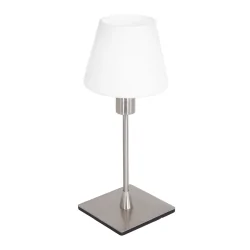 Tischleuchte ANCILLA, 33cm, mit kurzem Schirm, E14, mit Touch-Dimmer, stahl gebürstet / Opalglas weiß