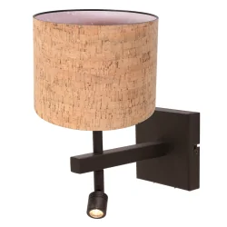 LED Wandleuchte STANG, 2-flammig, E27, 1W, 2900K, 100lm, IP20, mit Lesespot, cacao, Schirm kork