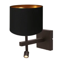 LED Wandleuchte STANG, 2-flammig, E27, 1W, 2900K, 100lm, IP20, mit Lesespot, cacao, Schirm schwarz/gold