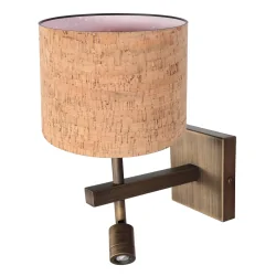 LED Wandleuchte STANG, 2-flammig, E27, 1W, 2900K, 100lm, IP20, mit Lesespot, bronze, Schirm kork