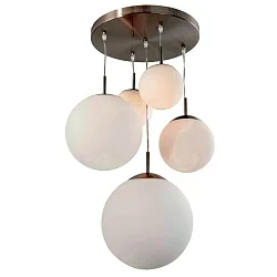Pendelleuchte BOLLIQUE, 5-flammig, Kugelschirme Ø 15/20/25/30cm, Stahl gebürstet / opalweiß