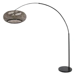 Stehleuchte / Bogenleuchte SPARKLED LIGHT - IKARO, E27,  mit Fussschalter + Korbschirm, schwarz matt / buche natur + schwarz