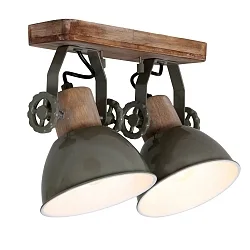 Wand- und Deckenleuchte GEARWOOD, 2-flammig, 2x E27, Kautschuk-Holz natur / Metall, grün glänzend / innen weiß