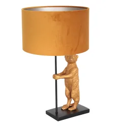 Tischleuchte ANIMAUX - SURICATE, E27, mit Erdmännchen-Deko + Schnurschalter, mattschwarz / gold, mit Schirm
