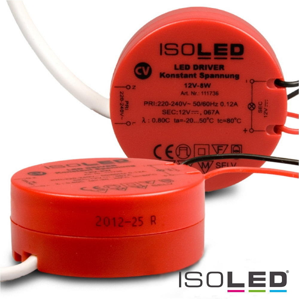 ISOLED LED Trafo 12V/DC, 0-8W, runde Bauform, SELV